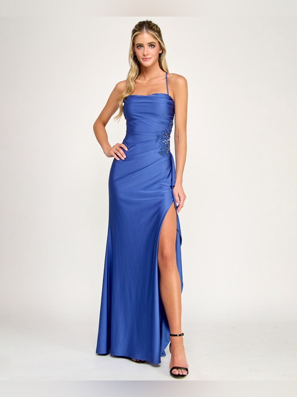 City Studios Juniors' Drape Neck Side Ruffle Gown